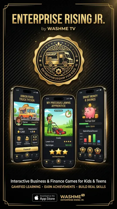 Enterprise Rising Jr. by WASHME TV: phone screens showing Junior Food Truck Tycoon, My Precious Lawns Apprentice and Smart Money & Savings