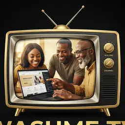 Digital Studio Generator app icon: a gold vintage TV showing a family building a website on a laptop