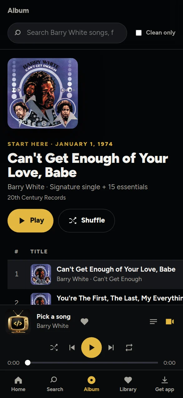 Barry White featured songs screen