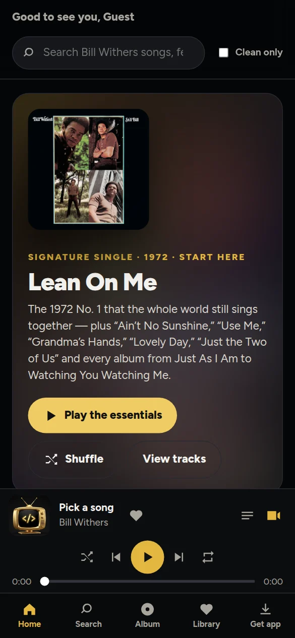 Bill Withers fan app home screen