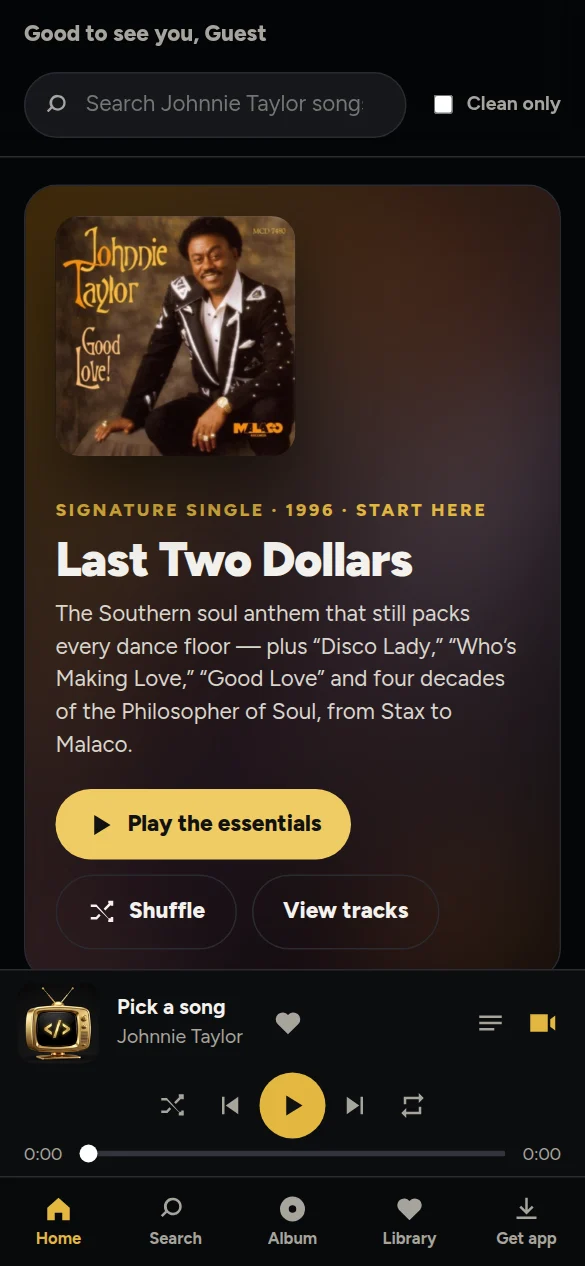 Johnnie Taylor fan app home screen