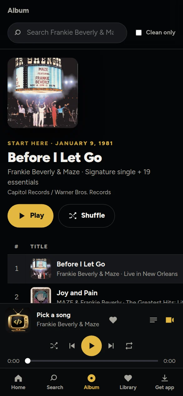 Frankie Beverly & Maze featured songs screen