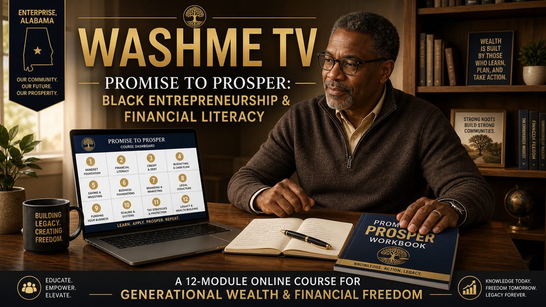 WASHME TV Promise to Prosper: Black Entrepreneurship & Financial Literacy — a 12-module online course for generational wealth and financial freedom, shown with the course dashboard and workbook